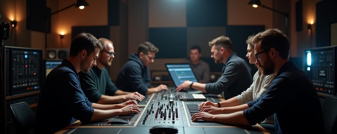 Ambiente de estúdio moderno, equipe trabalhando em equipamentos de áudio.